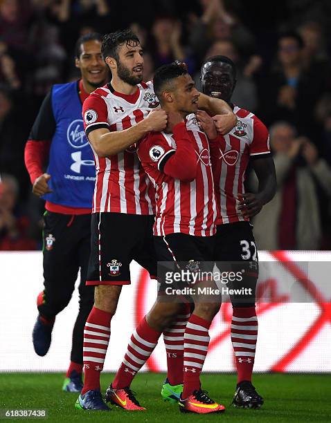 Sofiane Boufal of Southampton celebrates scoring his sides first goal with Sam McQueen of Southampton and Olufela Olomola of Southampton during the...