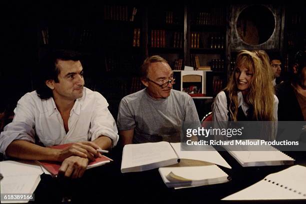 French philosopher and writer Bernard-Henri Levy and actors Pierre Vaneck and Arielle Dombasle rehearse the play Le Jugement Dernier directed by Jean...