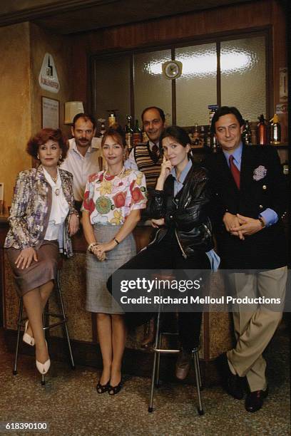 Cast of the play Un Air de Famille from left: Catherine Maurier, Jean-Pierre Darroussin, Catherine Frot, writer Jean-Pierre Bacri, writer Agnes Jaoui...