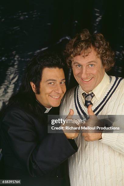 French actors Gerard Depardieu and Christian Clavier during the filming of Les Anges Gardiens.