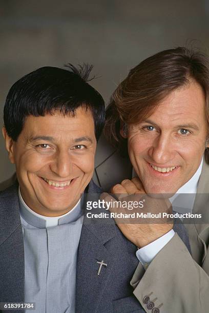 French actors Gerard Depardieu and Christian Clavier during the filming of Les Anges Gardiens.