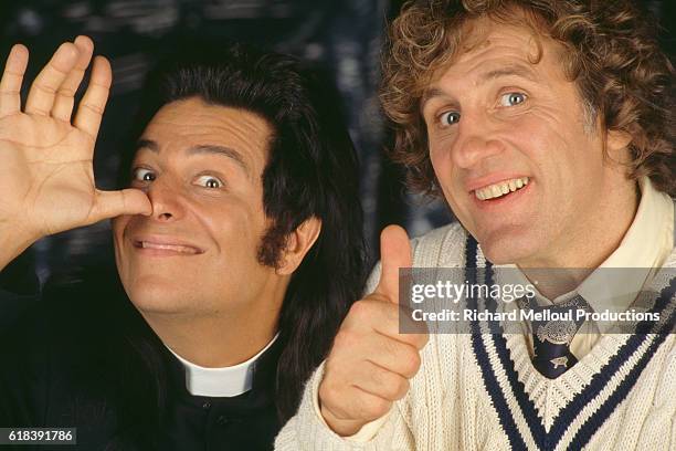 French actors Gerard Depardieu and Christian Clavier during the filming of Les Anges Gardiens.