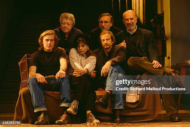 Roger Dumas, Francois Berleand, and Jean-Pierre Marielle, Guillaume Depardieu, Marie Trintignant, and Patrick Chenais performing Le Retour by Harold...