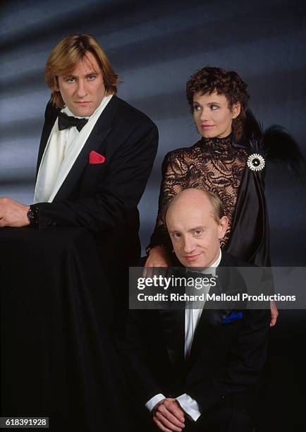 Actors Michel Blanc, Miou-Miou and Gerard Depardieu promote the movie Tenue de Soirée, directed by Bertrand Blier.