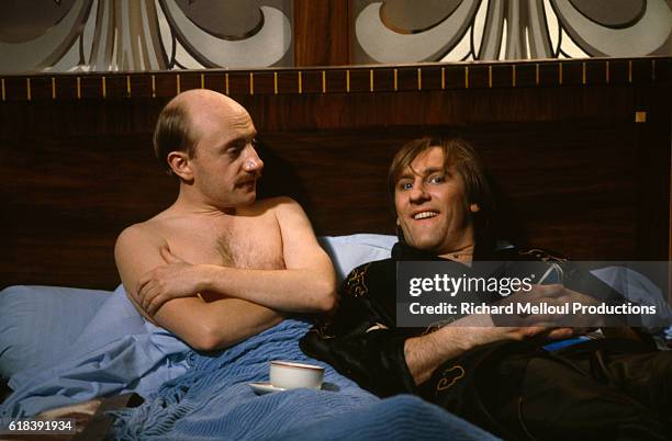 French actors Michel Blanc and Gerard Depardieu on the movie set of Tenue de Soirée, written and directed by Bertrand Blier.