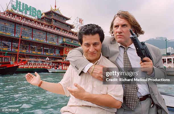 French Actors Christian Clavier and Gerard Depardieu on the set of the film Les Anges Gardiens, by director Jean-Marie Poire.