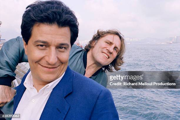French Actors Christian Clavier and Gerard Depardieu on the set of the film Les Anges Gardiens, by director Jean-Marie Poire.