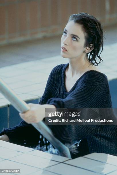 French actress and singer Isabelle Adjani on the set of the music video for the song Pull Marine, written by Serge Gainsbourg. The video is directed...