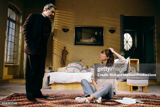 British singer and actress Jane Birkin and French actor Pierre Arditi in the play L'Aide Mémoire, written by Jean-Claude Carrière and stage directed...