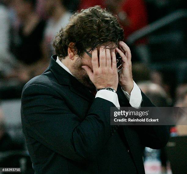 Andrea Trincheri, Head Coach of Brose Bamberg reacts during the 2016/2017 Turkish Airlines EuroLeague Regular Season Round 3 game between Brose...