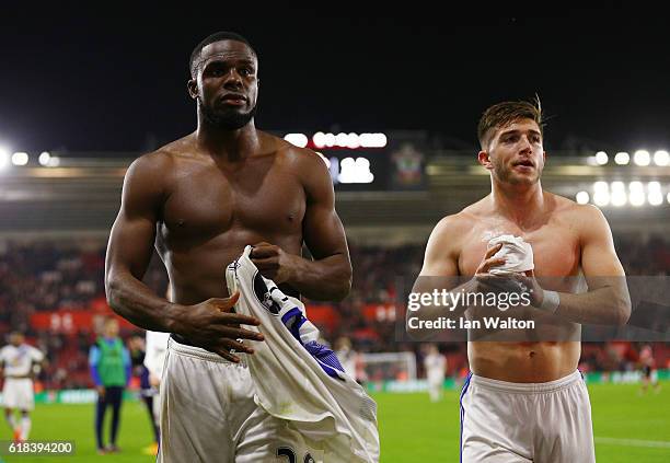 Lamine Koné of Sunderland and Lynden Gooch of Sunderland throw their shirts into the Sunderland crowd after the final whistle during the EFL Cup...