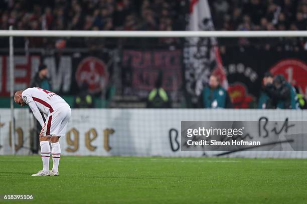 Miso Brecko of Nuernberg reacts during the DFB Cup match between 1. FC Nuernberg and FC Schalke 04 at Stadion Nuernberg on October 26, 2016 in...