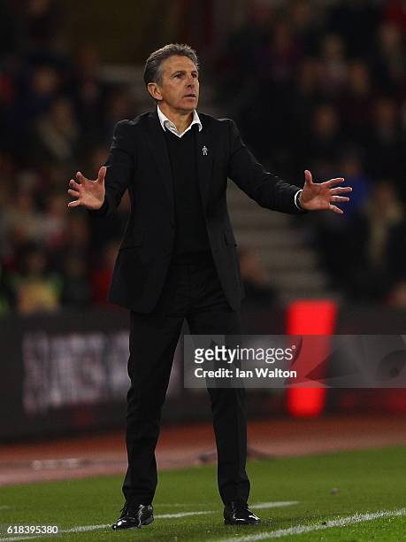 Claude Puel, Manager of Southampton reacts during the EFL Cup fourth round match between Southampton and Sunderland at St Mary's Stadium on October...