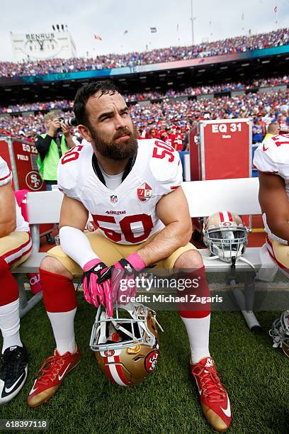 Nick Bellore of the San Francisco 49ers sits on the bench prior to during the game against the Buffalo Bills at New Era Field on October 16, 2016 in...