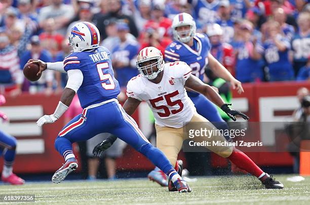 Tyrod Taylor of the Buffalo Bills breaks away from Ahmad Brooks of the San Francisco 49ers during the game at New Era Field on October 16, 2016 in...