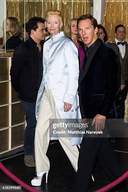 Tilda Swinton, wearing Maison Margiela, and Benedict Cumberbatch attend the 'Doctor Strange' fan event at Zoo Palast on October 26, 2016 in Berlin,...