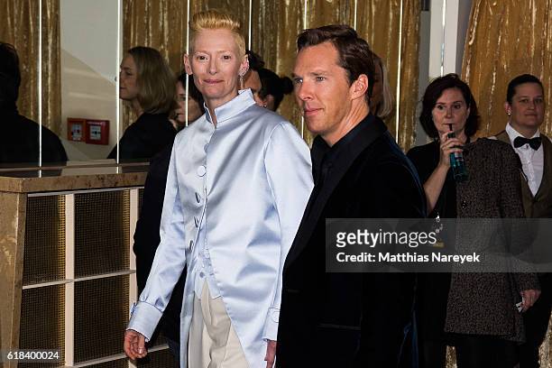 Tilda Swinton, wearing Maison Margiela, and Benedict Cumberbatch attend the 'Doctor Strange' fan event at Zoo Palast on October 26, 2016 in Berlin,...