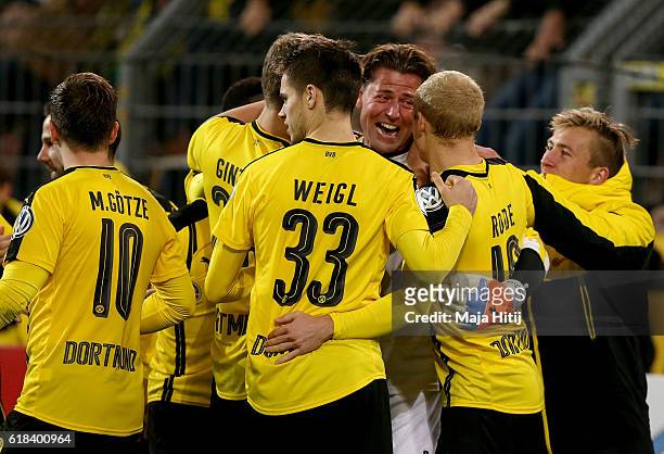 Roman Weidenfeller, goalkeeper of Dortmund celebrates after penalty shoot out during DFB Cup second round match between Borussia Dortmund and 1. FC...