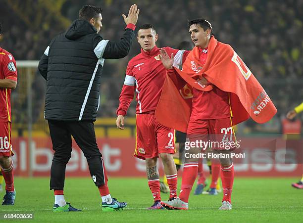 Damir Kreilach, Christopher Quiring and Eroll Zejnullahu of 1 FC Union Berlin during the game between Borussia Dortmund and dem 1 FC Union Berlin on...