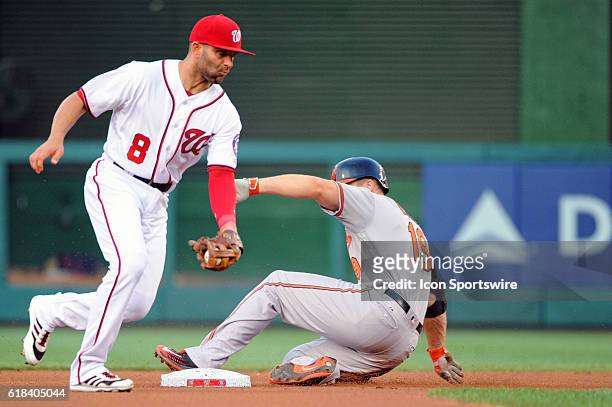 Baltimore Orioles first baseman Chris Davis slides into second base with a double as Washington Nationals shortstop Danny Espinosa takes the throw at...