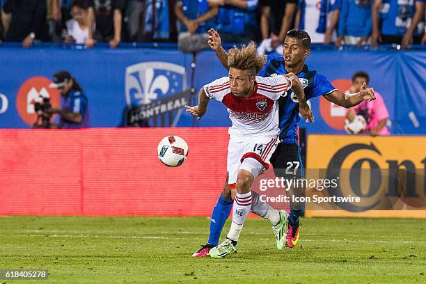 Hard fight between Impact Johan Vanegas and DC United Nick DeLeon during the DC United game versus the Montreal Impact game at Stade Saputo in...