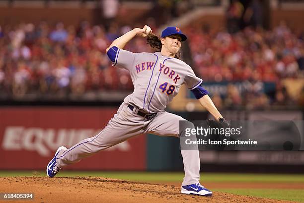 New York Mets starting pitcher Jacob deGrom pitches against the St. Louis Cardinals at Bush Stadium in St. Louis Missouri.