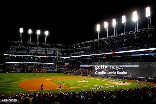 General view as Trevor Bauer of the Cleveland Indians throws a pitch to Dexter Fowler of the Chicago Cubs during the first inning in Game Two of the...