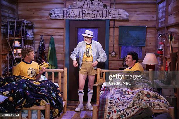 Episode 0558 -- Pictured: Actor Justin Timberlake, writer A.D. Miles, and host Jimmy Fallon during the "Camp Winnipesaukee" sketch on October 26,...