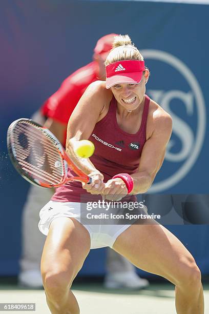 Angelique Kerber returns a shot during the Women's Final at The Western & Southern Open in Mason, OH. Karolina Pliskova defeated Kerber 6-3, 6-1 to...