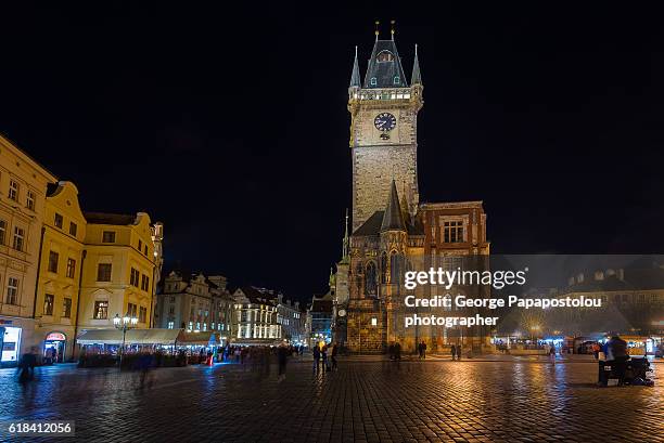 prague, old town square at night - prague clock stock pictures, royalty-free photos & images