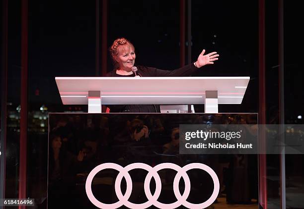 Curator from the Whitney Museum Chrissy Iles speaks at the Audi private reception at the Whitney Museum of American Art on October 26, 2016 in New...