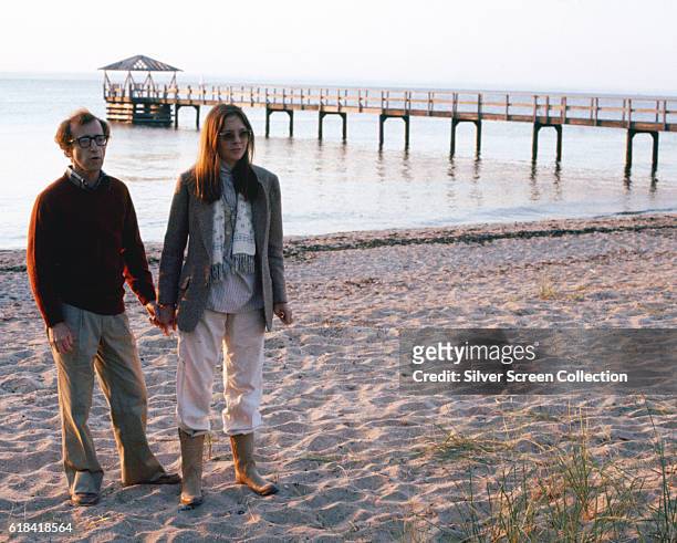 American actor, writer and director Woody Allen as Alvy Singer and actress Diane Keaton as Annie Hall in the romantic comedy film 'Annie Hall', 1977.
