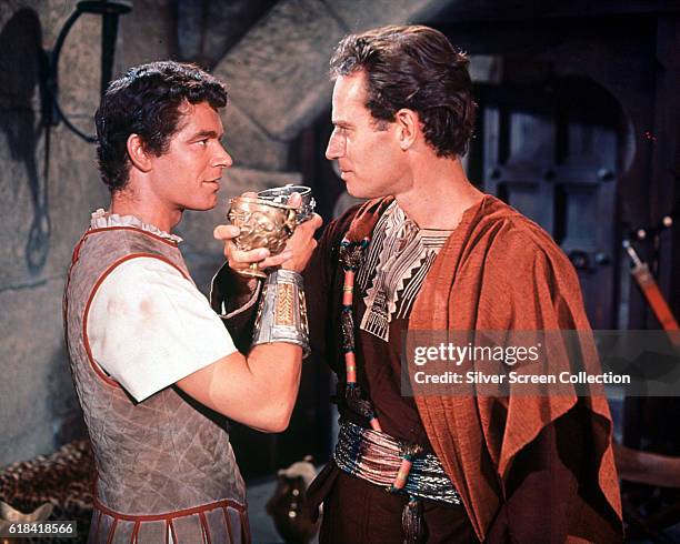 Actors Stephen Boyd as Messala and Charlton Heston as Judah Ben-Hur in a scene from the historical epic 'Ben-Hur', 1959.