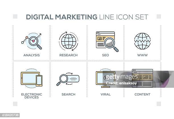 ilustraciones, imágenes clip art, dibujos animados e iconos de stock de palabras clave de marketing digital con iconos de línea - motor de búsqueda