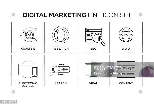 digital marketing keywords mit monochromen liniensymbolen - zufrieden stock-grafiken, -clipart, -cartoons und -symbole