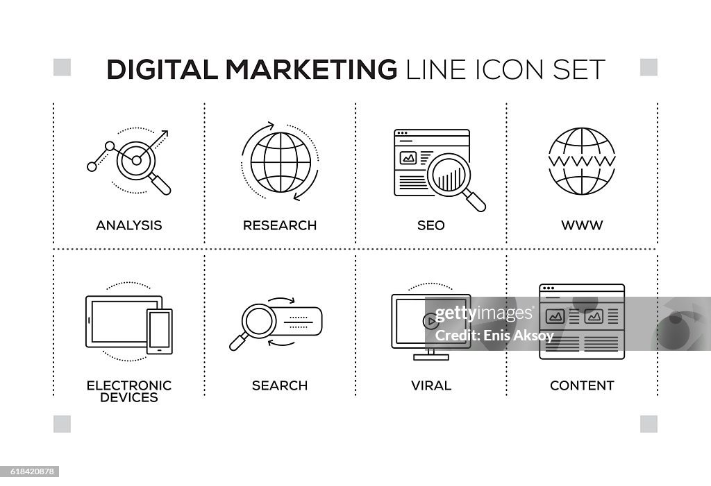 Digital Marketing keywords with monochrome line icons