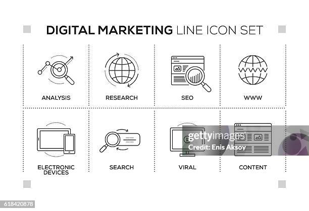 digital marketing keywords with monochrome line icons - content stock illustrations