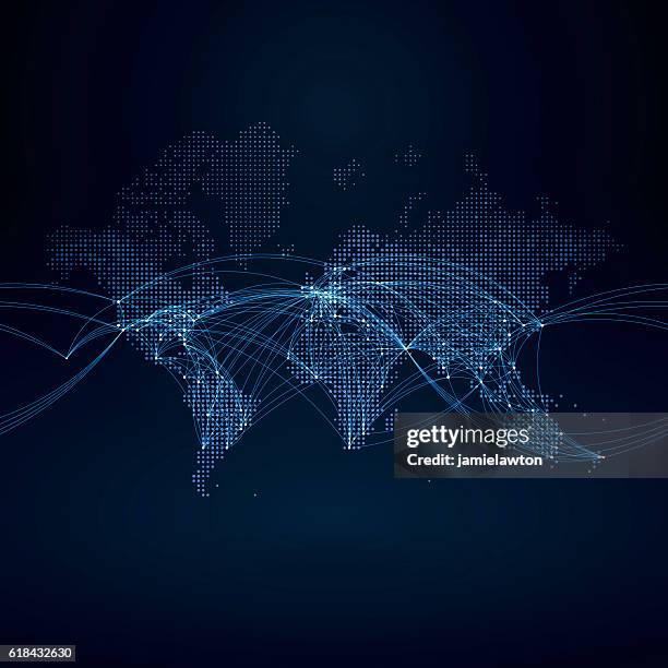 illustrations, cliparts, dessins animés et icônes de carte du monde avec trajectoires de vol - transport aérien