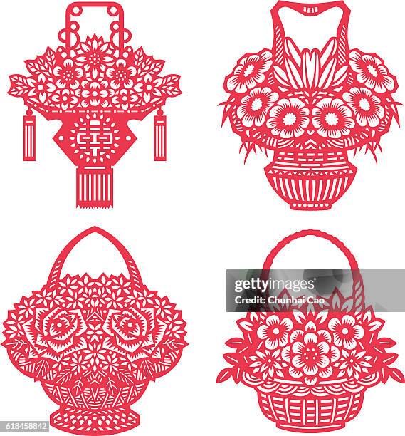 flower baskets(chinese traditional paper-cut art) - hanging basket stock illustrations