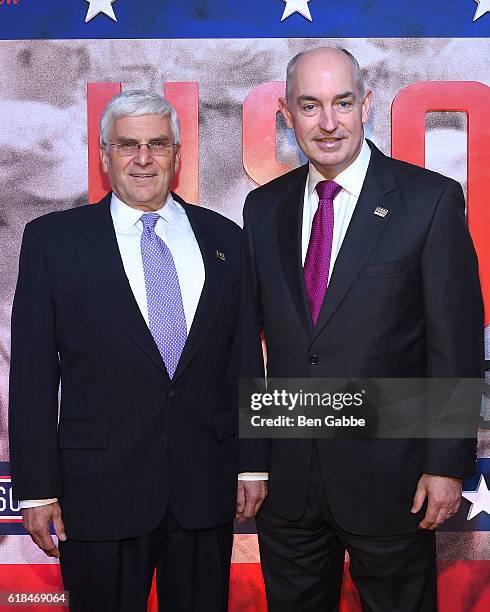 General George Casey Jr. And President and CEO of USO JD Crouch II attend the USO 75th Anniversary "USO For The Troops" Screening at Intrepid...