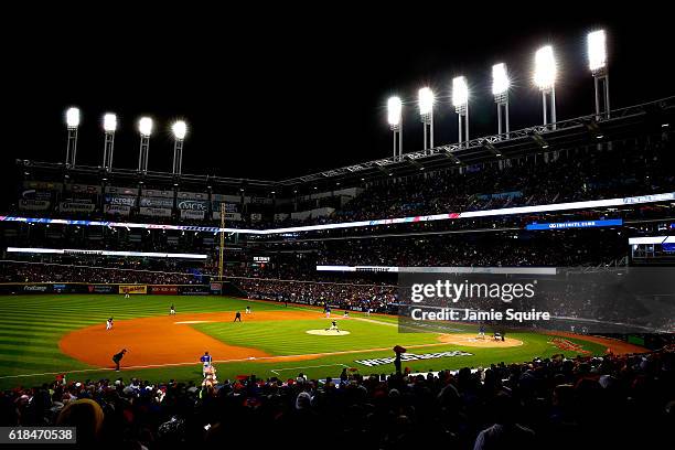 General view as Trevor Bauer of the Cleveland Indians throws a pitch during the first inning against the Chicago Cubs in Game Two of the 2016 World...