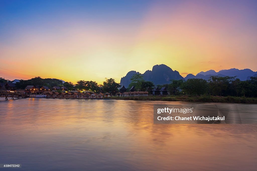 Sunset at the village of Vang Vieng Laos.