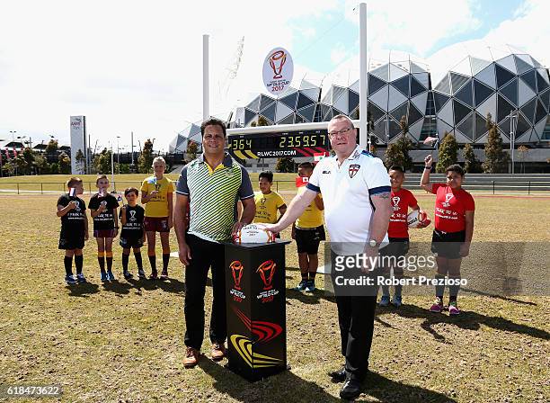 Rugby League legends Steve Renouf of Australia and Garry Schofield of Great Britain start the countdown clock during a media opportunity marking one...