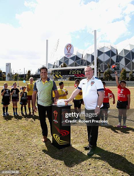 Rugby League legends Steve Renouf of Australia and Garry Schofield of Great Britain start the countdown clock during a media opportunity marking one...