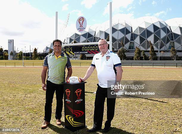 Rugby League legends Steve Renouf of Australia and Garry Schofield of Great Britain prepare to start the countdown clock during a media opportunity...