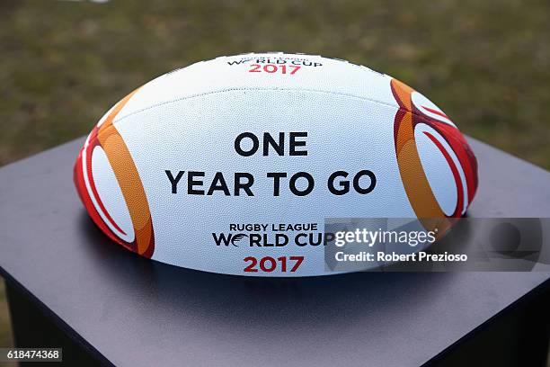 Detailed view of a ball during a media opportunity marking one year to go until the 2017 Rugby Leaguer World Cup next to AAMI park on October 27,...