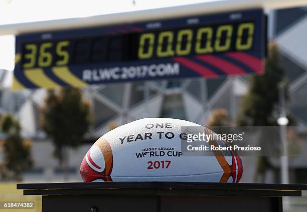 Detailed view of a ball during a media opportunity marking one year to go until the 2017 Rugby Leaguer World Cup next to AAMI park on October 27,...