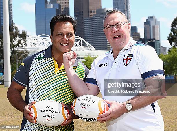 Rugby League legends Steve Renouf of Australia and Garry Schofield of Great Britain pose for a photo during a media opportunity marking one year to...