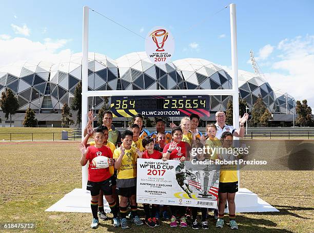 Rugby League legends Steve Renouf of Australia and Garry Schofield of Great Britain pose under the countdown clock during a media opportunity marking...