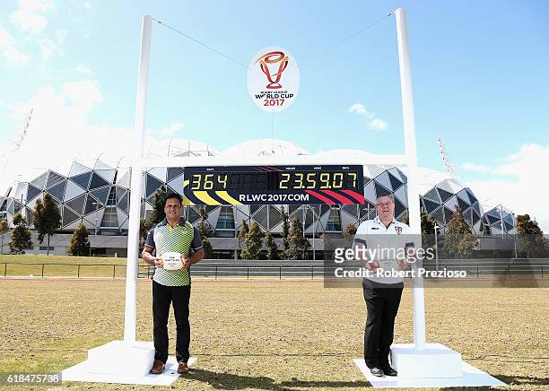 Rugby League legends Steve Renouf of Australia and Garry Schofield of Great Britain pose under the countdown clock during a media opportunity marking...